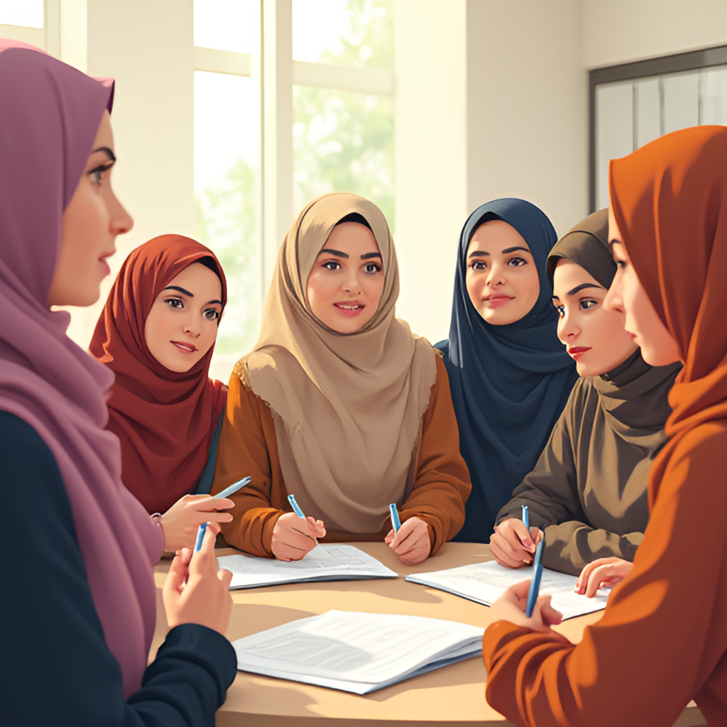An illustrative image showing a group of Iraqi women participating in a community workshop or training session, looking engaged and empowered. The setting is a bright, supportive environment.