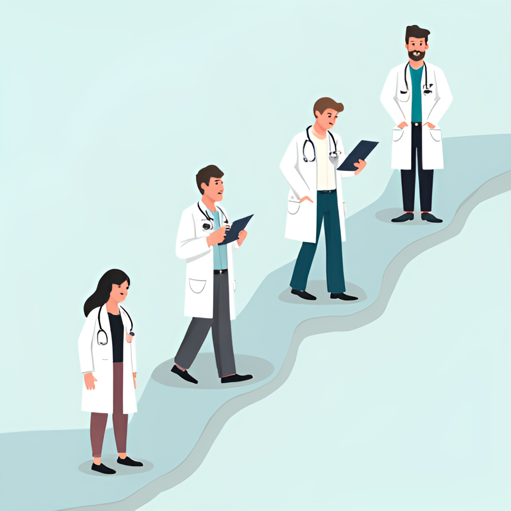 An image depicting the journey of a medical student, starting from studying diligently, taking an exam, checking results, and finally wearing a doctor's coat, symbolizing achieving their dream. Show a path or progression.