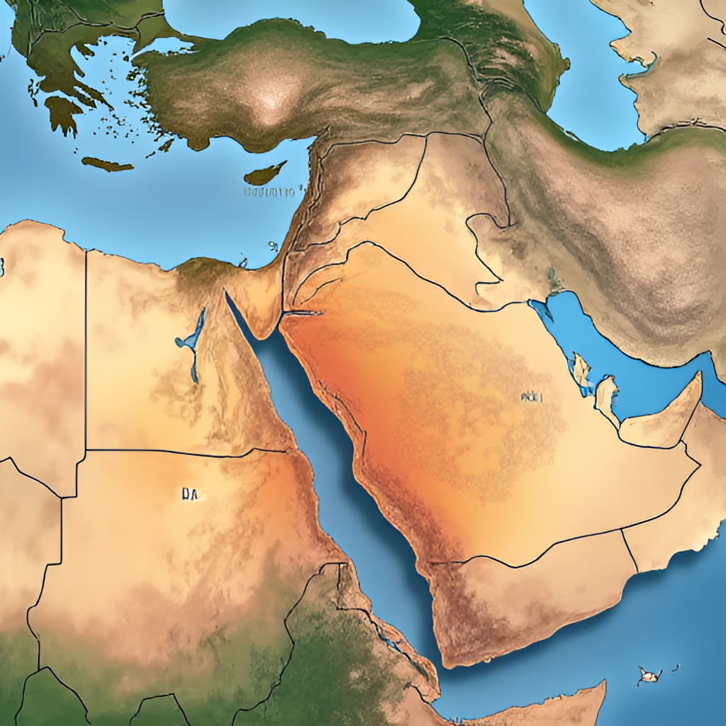 An illustration showing the tectonic plates beneath the Arabian Gulf region, with the Arabian plate pushing against the Eurasian plate, potentially depicting fault lines and energy release.