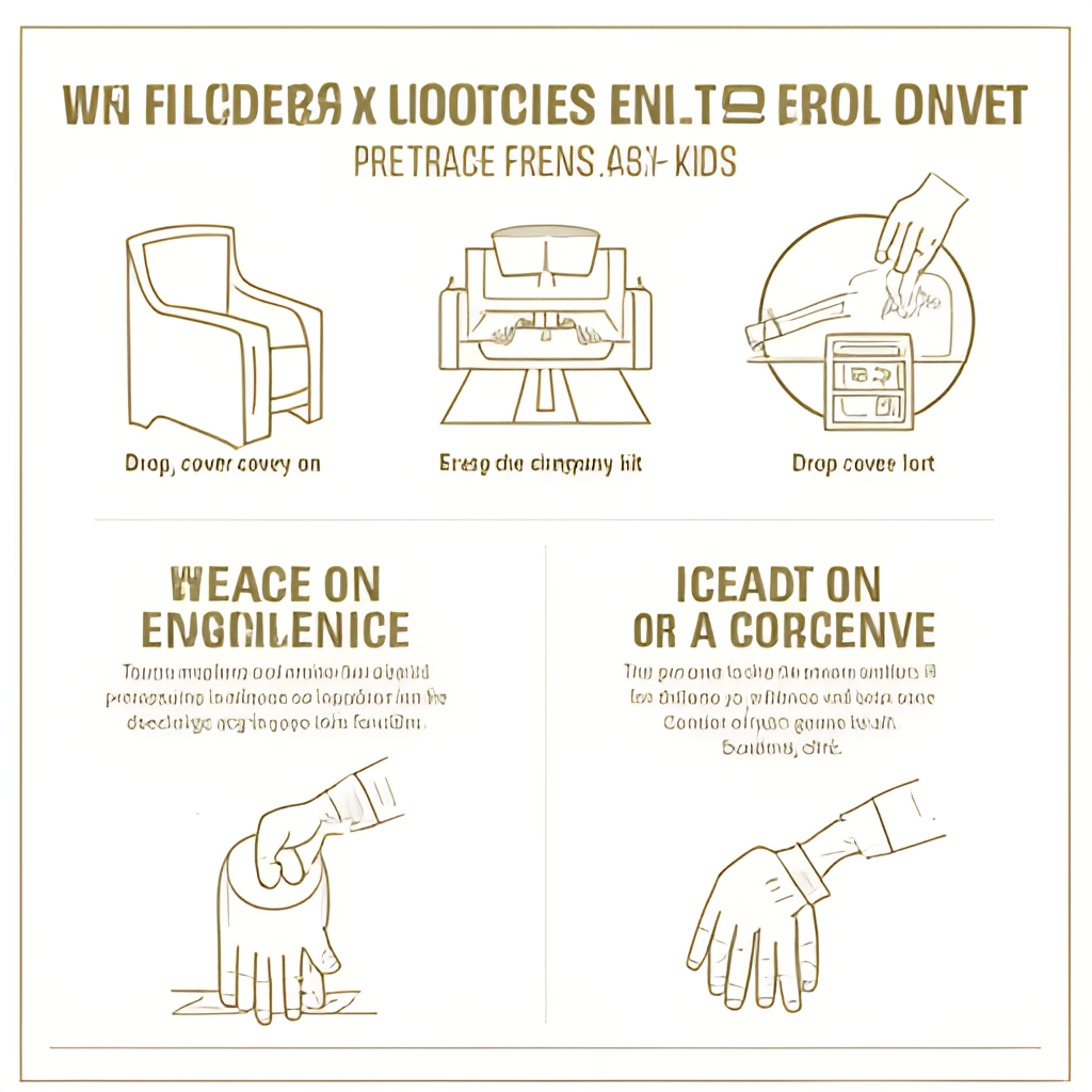 A visual guide illustrating earthquake preparedness steps, such as 'drop, cover, hold on,' securing furniture, and preparing an emergency kit, relevant to a home or office setting.