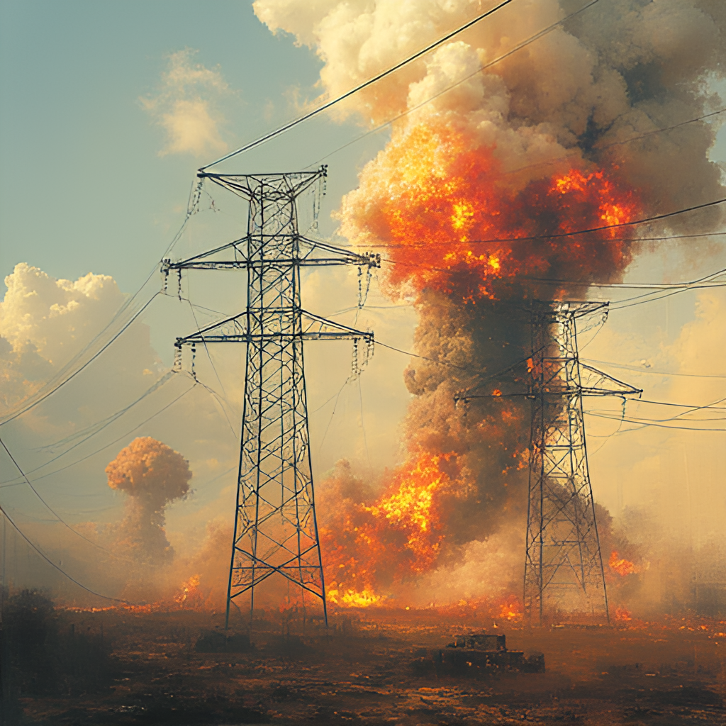 A visual representation of nuclear threat, showing abstract shapes of atoms and power lines, with subtle national symbols of Israel and Iran integrated into the background, conveying tension and risk.