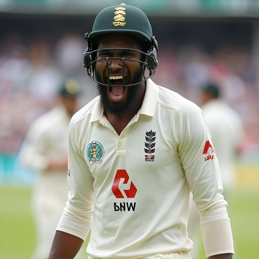 A close-up portrait of Angelo Mathews on the field, perhaps after taking a wicket or celebrating a milestone, showing emotion and determination, cricket ground in the background.