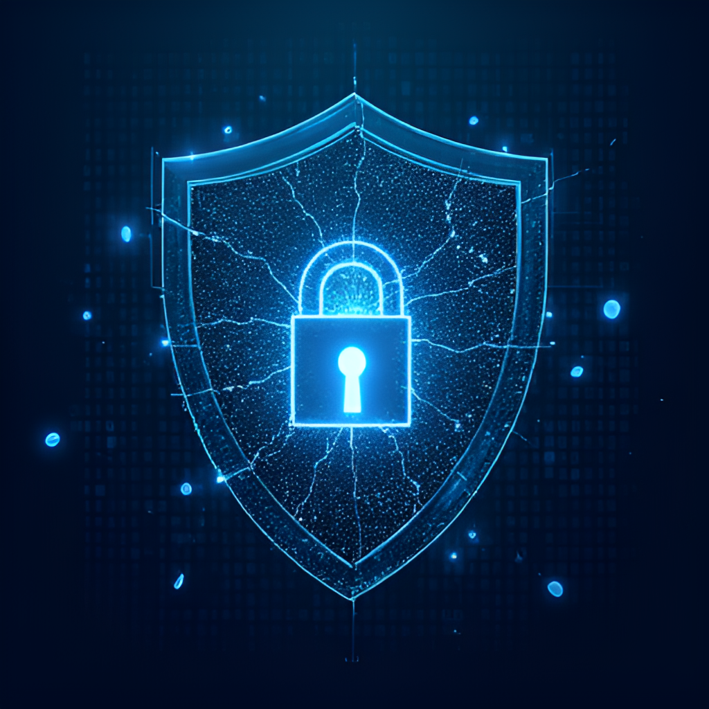 An illustrative image depicting digital data flowing out of a cracked shield icon, symbolizing a data breach, with binary code in the background, in a modern digital art style.