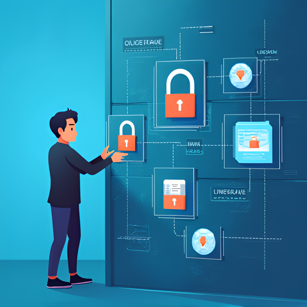 A conceptual image showing a person reinforcing a digital wall with various tools like locks, firewalls, and updates icons, representing data breach prevention methods.
