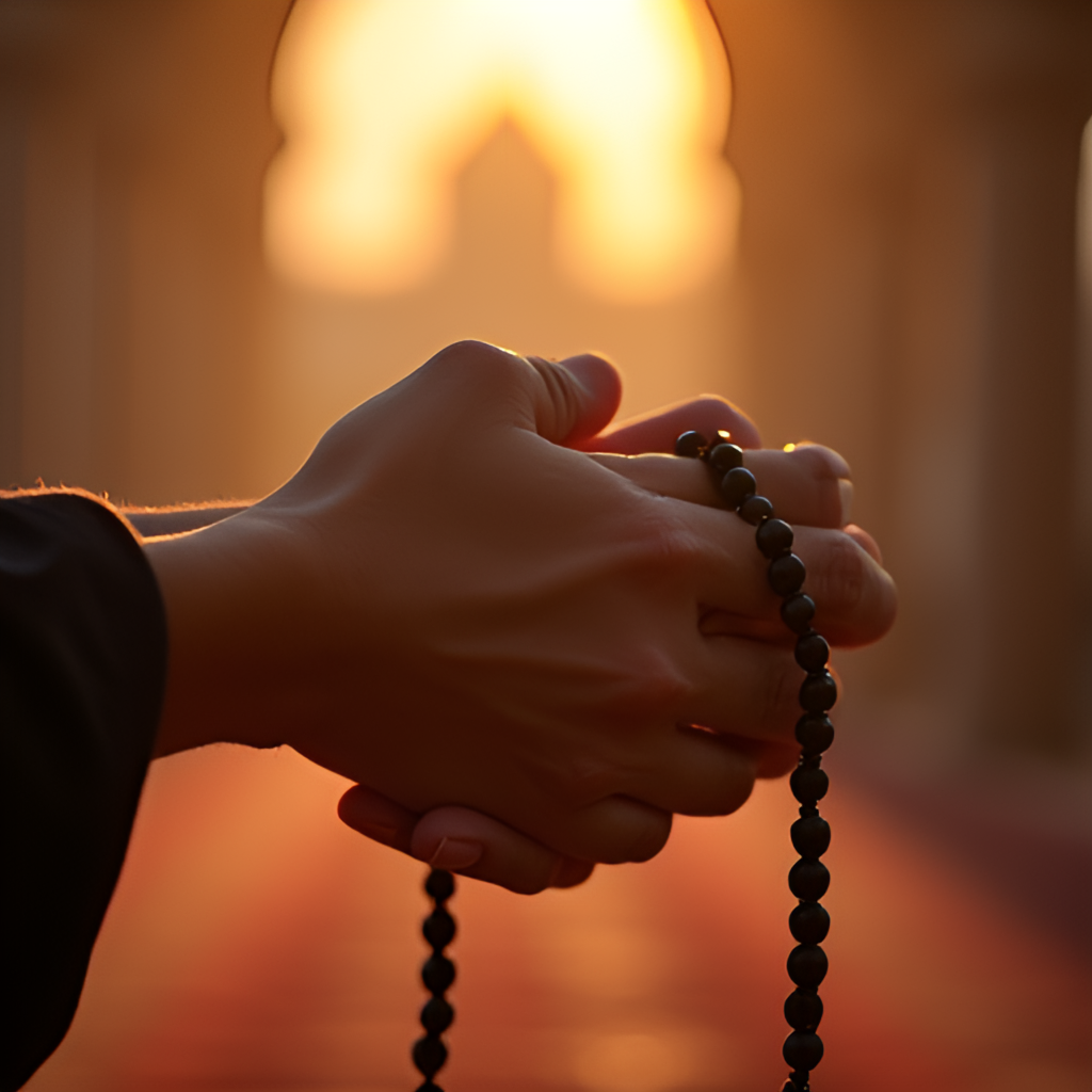 A close-up, warm-toned photograph of praying hands holding a string of prayer beads (Masbaha) with a blurry background of a mosque or a sunlit room at dawn.