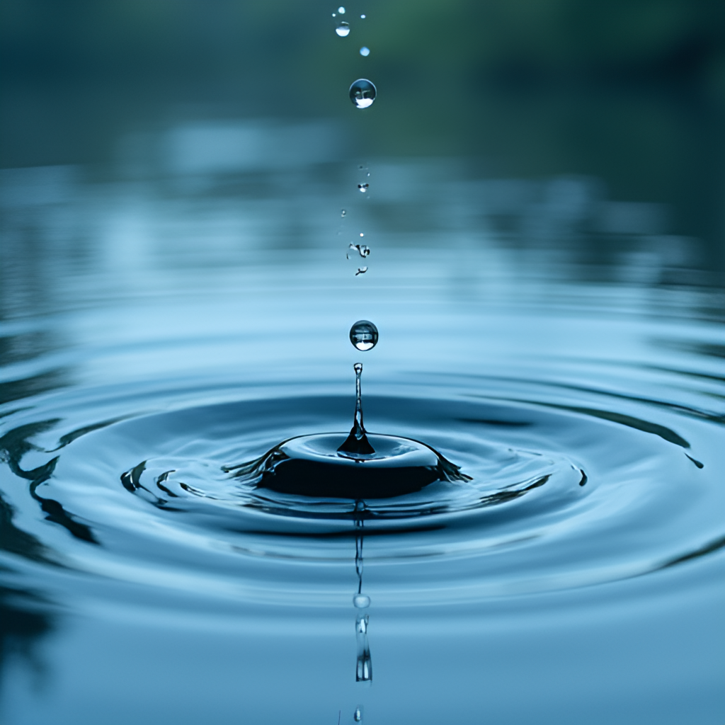 A close-up, detailed photograph of raindrops falling into a calm body of water, creating ripples. The image should convey a sense of peace and the vital nature of water.