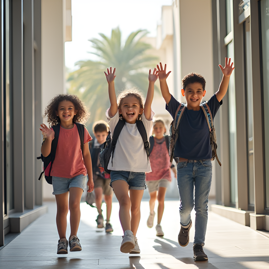 A photograph of students excitedly entering a modern school building in Saudi Arabia, carrying backpacks and smiling. The atmosphere should feel positive and energetic.