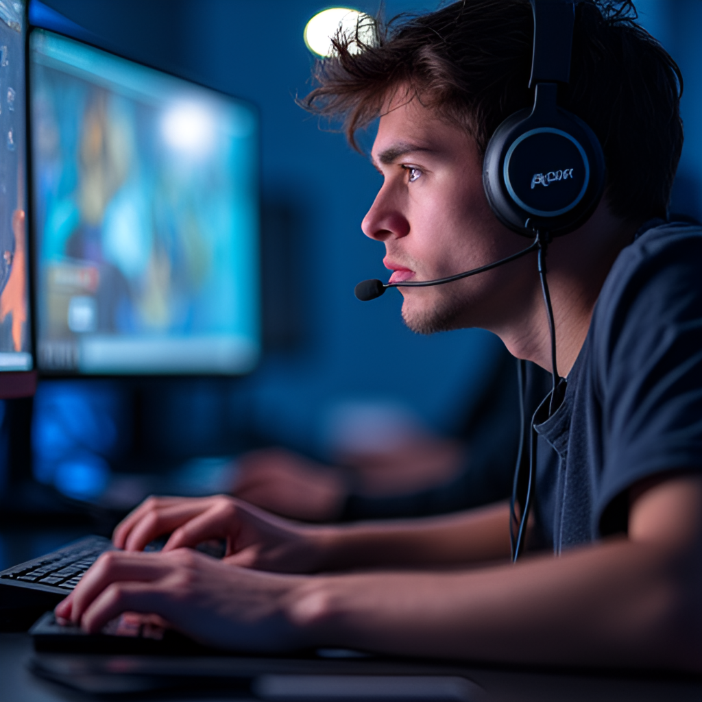 A close-up, dynamic photo of a professional League of Legends player intensely focused on their computer screen during a match, showing their hands on the keyboard and mouse, conveying concentration and skill.