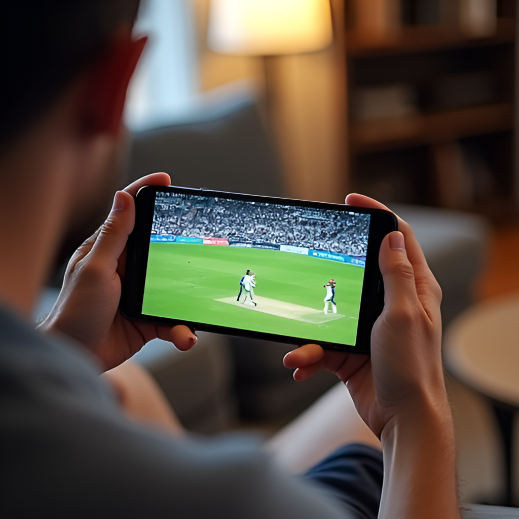 A person watching a cricket match live on a smartphone or tablet, possibly with headphones, in a comfortable setting like a living room or a cafe. The screen shows a clear image of the game.