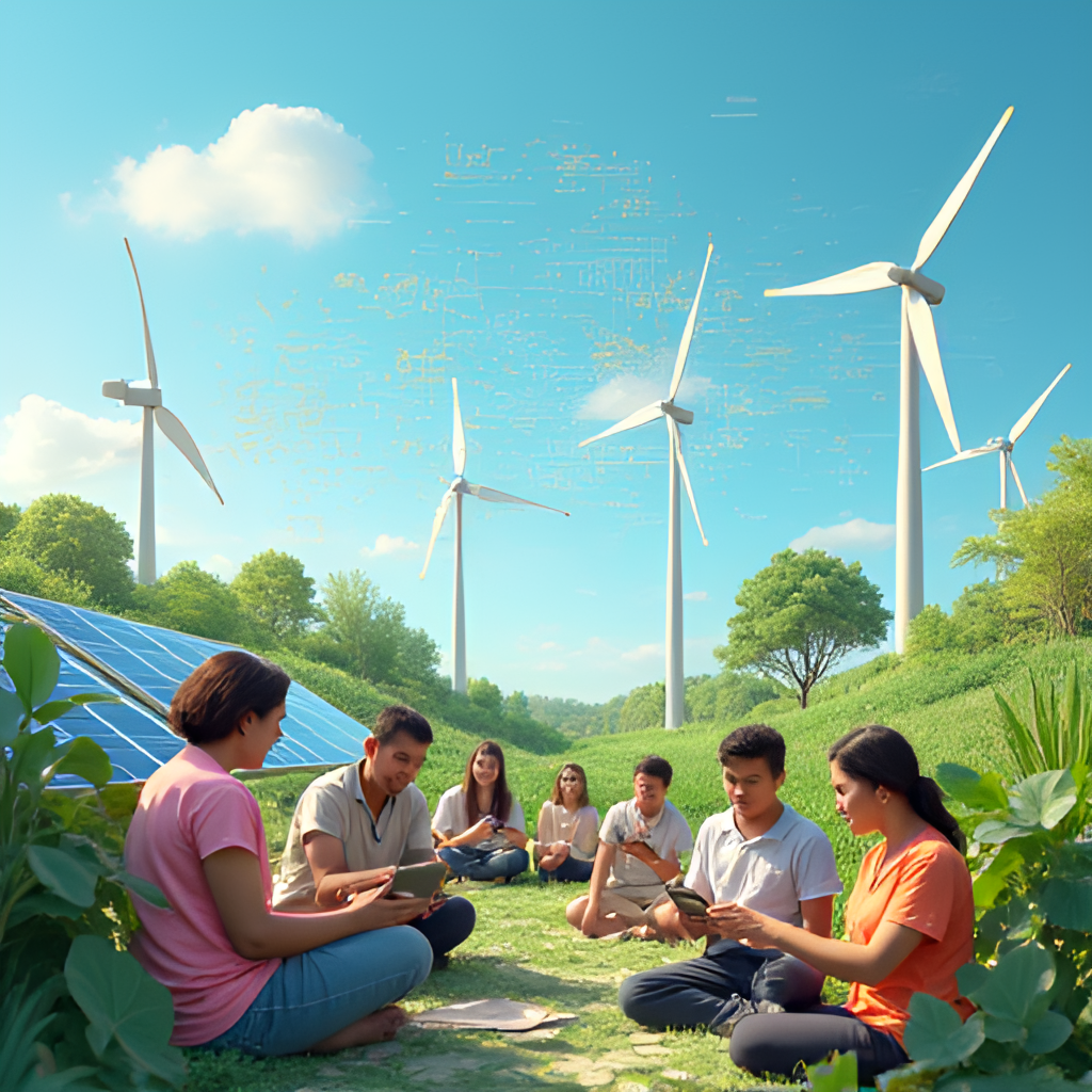 A conceptual image showcasing Microsoft's social impact and environmental sustainability efforts. It features elements like renewable energy sources (wind turbines, solar panels) integrated with digital technologies (AI algorithms), alongside diverse individuals collaborating in an educational or community setting, alluding to digital inclusion and accessibility.
